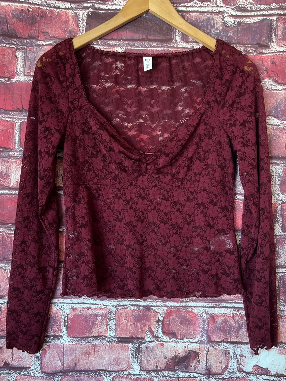 BP Nordstrom Burgundy Maroon Floral Lace Ruched Sweetheart Long Sleeve Top M